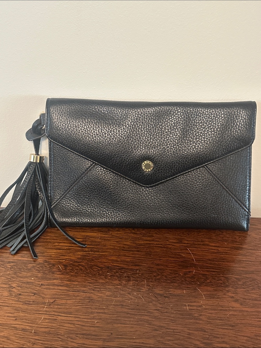 Isaac Mizrahi Black Pebbled Leather Envelope Clutch with Tassel